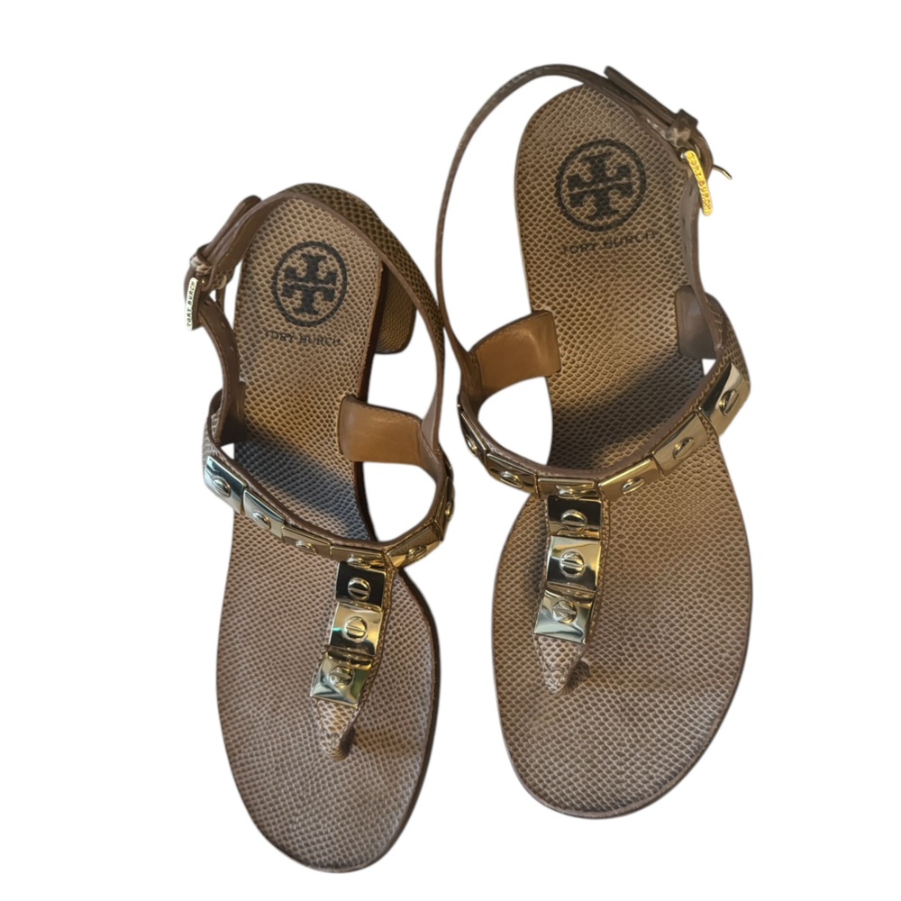 Tory Burch Brown Sandals with Gold Accents - Picture 2 of 7